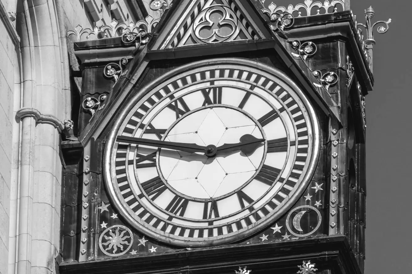 The clock face on the Strand front of the Royal Courts of Justice in London