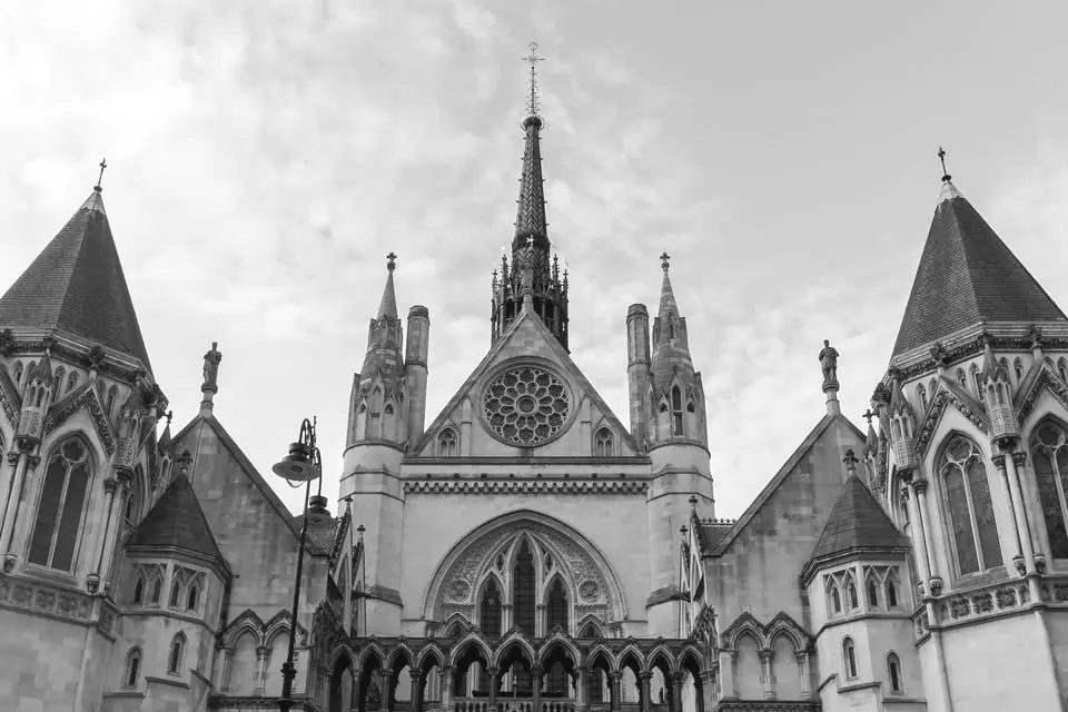 The Gothic front of the Royal Courts of Justice in London, with its central spire